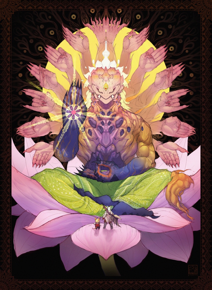 absurdres, claws, closed_eyes, extra_arms, fangs, felyne, fingernails, flower