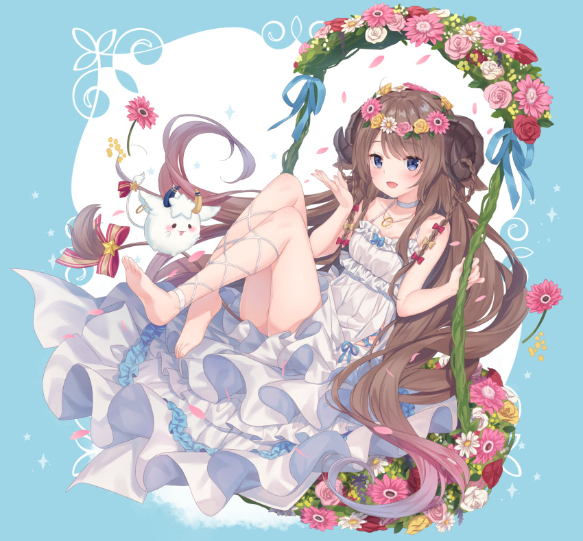 1girl, bare_arms, bare_shoulders, barefoot, blue_bow, blue_eyes, blush, bow, brown_hair, choker, curled_horns, dress, flower, flower_ring, frilled_dress, frills, hair_bow, hair_ornament, highres, horns, indie_virtual_youtuber, jewelry, jimmy_madomagi, knees_up, long_hair, looking_at_viewer, nanase_subaru, necklace, open_mouth, red_bow, sitting, sleeveless, sleeveless_dress, toes, very_long_hair, virtual_youtuber, w_arms, white_choker, white_dress, yellow_bow