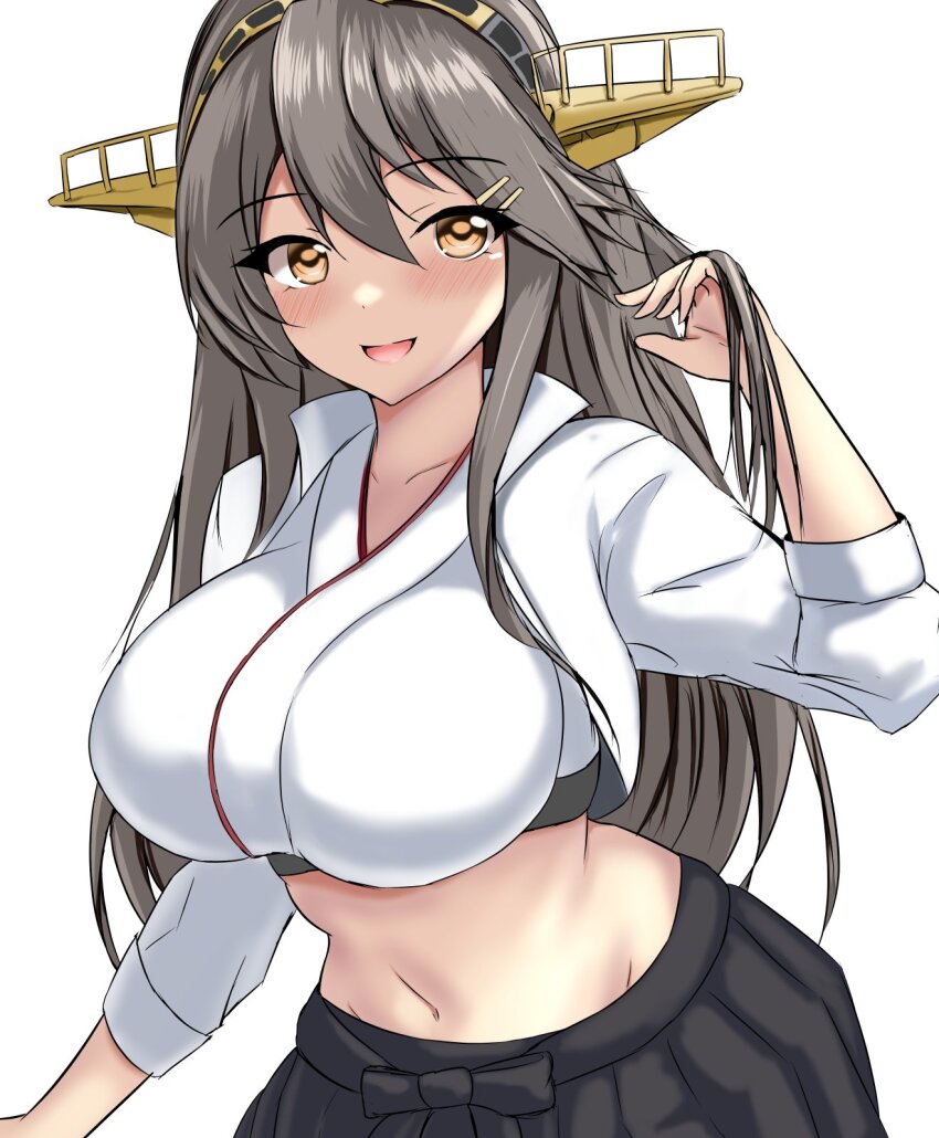 1girl, adapted_costume, black_hair, black_skirt, blush, breasts, brown_eyes, crop_top, hair_ornament, hairband, hairclip, hakama, hakama_short_skirt, hakama_skirt, haruna_(kancolle), haruna_(race_queen)_(kancolle), haruna_kai_ni_(kancolle), headgear, highres, jacket, japanese_clothes, kantai_collection, large_breasts, long_hair, looking_at_viewer, midriff, montemasa, navel, open_mouth, race_queen, skirt, smile, solo, upper_body