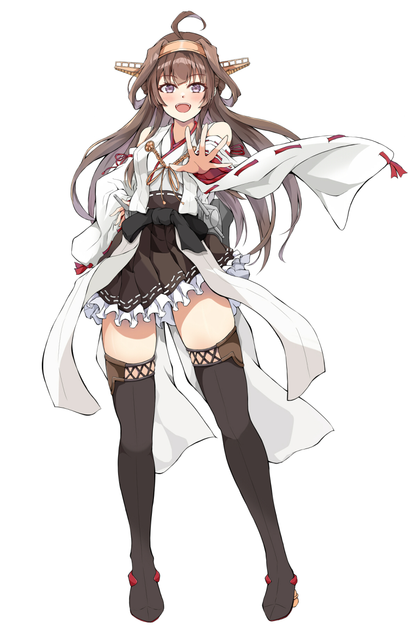 1girl, ahoge, bare_shoulders, black_skirt, blush, boots, breasts, brown_hair