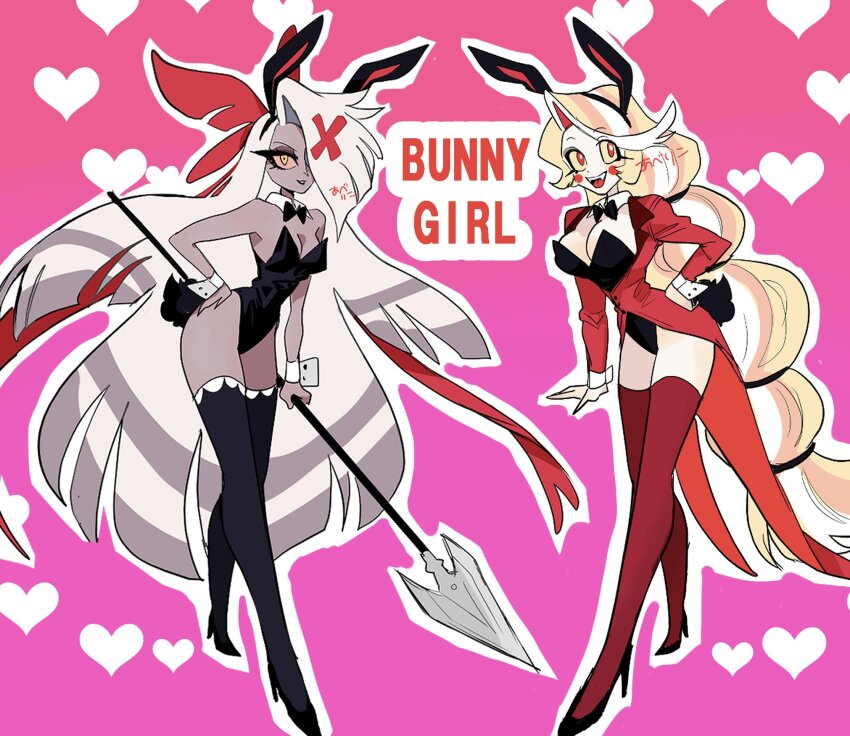 2girls, abe_riko, animal_ears, black_thighhighs, bow, bowtie, breasts, charlie_morningstar, circle_facial_mark, coattails, colored_inner_hair, colored_sclera, colored_skin, demon_girl, detached_collar, facial_mark, fake_animal_ears, grey_hair, grey_skin, hand_on_own_hip, hazbin_hotel, heart, hellaverse, highleg, highleg_leotard, highres, holding, holding_polearm, holding_weapon, leotard, long_hair, multi-tied_hair, multicolored_hair, multiple_girls, pink_background, pink_sclera, playboy_bunny, polearm, rabbit_ears, rabbit_tail, red_eyes, red_thighhighs, spear, strapless, strapless_leotard, tail, tailcoat, thighhighs, vaggie, very_long_hair, weapon, white_skin, wrist_cuffs, yellow_eyes, yellow_sclera