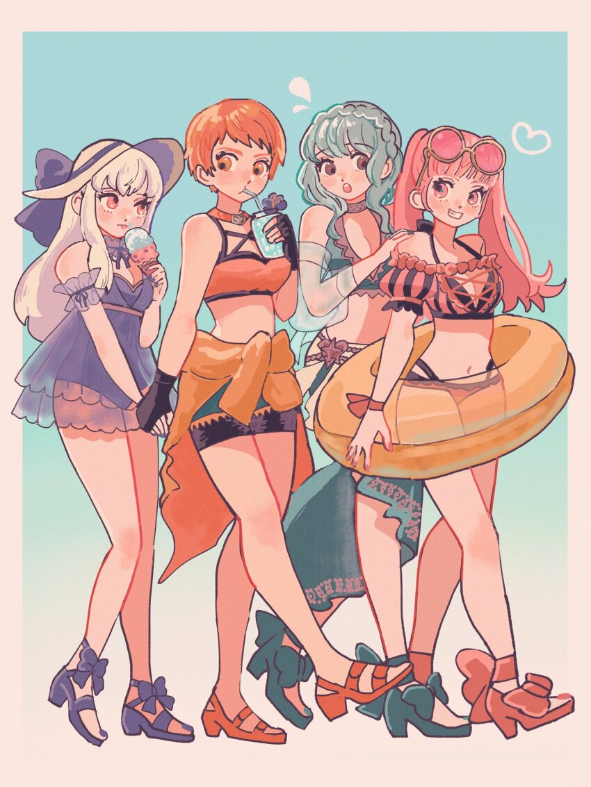 4girls, alternate_costume, alternate_hairstyle, bikini, black_bikini, blue_bikini, blue_hair, bracelet
