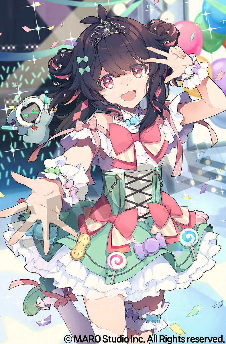 1girl, bare_shoulders, black_hair, blush, bow, skirt_bow, candy, detached_sleeves, food, frilled_thigh_strap, frills, glowstick, green_footwear, highres, idol, idol_clothes, layered_skirt, long_hair, looking_at_viewer, mivi_aivori, multicolored_hair, official_art, open_mouth, outstretched_arms, red_eyes, red_hair, red_ribbon, ribbon, saipaco, skirt, smile, solo, stage, stage_lights, star-shaped_pupils, star_(symbol), streaked_hair, symbol-shaped_pupils, thigh_strap, thighhighs, tiara, v, v&amp;u_entertainment, virtual_youtuber, white_thighhighs, wrist_cuffs