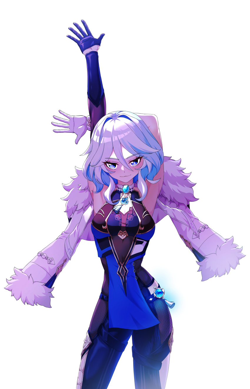 1girl, absurdres, armpits, arms_up, asymmetrical_gloves, blue_dress, blue_eyes, blue_gloves