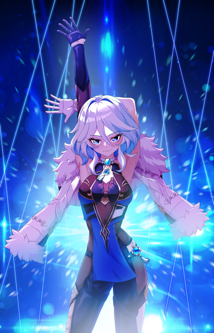 1girl, absurdres, armpits, arms_up, asymmetrical_gloves, blue_dress, blue_eyes, blue_gloves