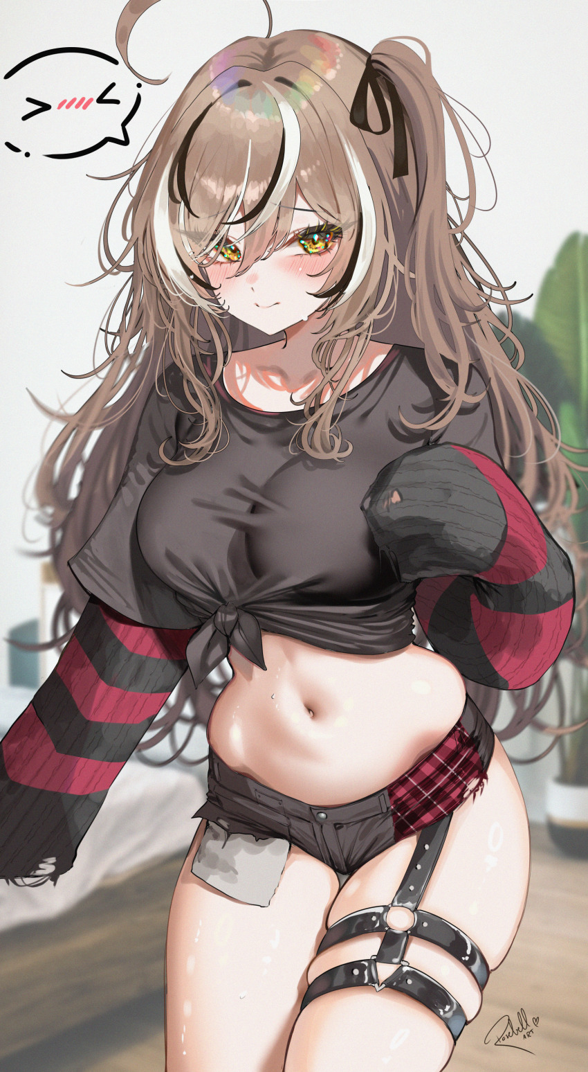 >_<, 1girl, :>, absurdres, ahoge, bed, bedroom, black_hair