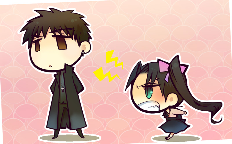 1boy, 1girl, :<, aqua_eyes, black_hair, brown_eyes, brown_hair, chibi, clenched_teeth, fate/stay_night, fate/zero, fate_(series), kari_(cocktail_box), kotomine_kirei, suzuhara, teeth, tohsaka_rin, aged_down