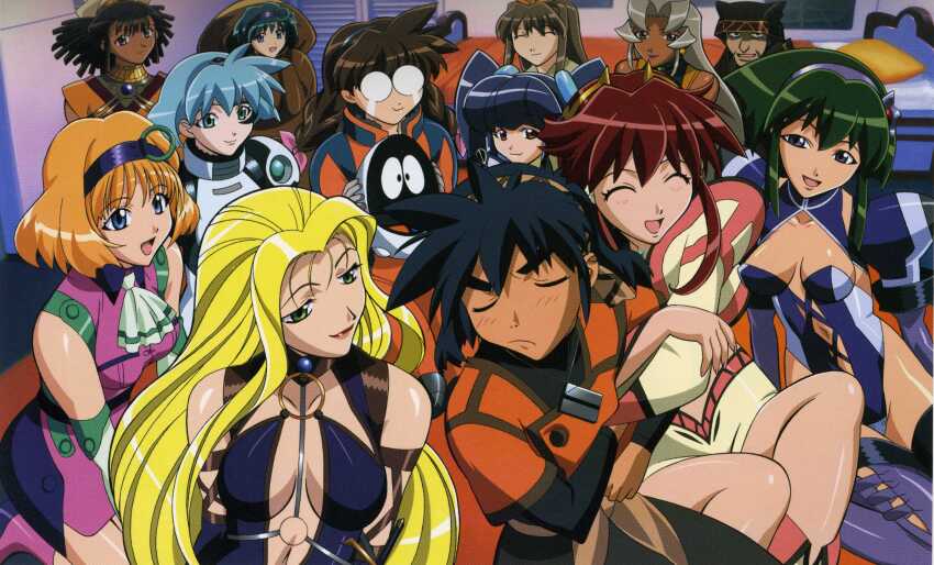 00s, 2boys, 6+girls, :d, absurdres, amarone_slaintheav, animal_costume, arm_hug, ascot, barnette_orangello, bear_costume, bed, bedroom, belt, belvedere_coco, black_hair, blonde_hair, blue_hair, blush, bodysuit, braid, breasts, brown_hair, buzam_a_calessa, celtic_midori, center_opening, cleavage, closed_eyes, couple, dark_skin, detached_sleeves, dita_liebely, dreadlocks, everyone, ezra_veil, frown, glasses, gloves, green_hair, grey_hair, hair_ribbon, hairband, harem, hat, hetero, hibiki_tokai, highleg, highres, hood, jura_basil_elden, kuroda_kazuya, large_breasts, leotard, lipstick, long_hair, magno_vivian, makeup, meia_gisborn, multiple_boys, multiple_girls, no_bra, non-web_source, open_mouth, paiway_underberg, parfet_balblair, poster_(object), pyoro, red_hair, ribbon, robot, scan, scan_artifacts, short_hair, smile, spiked_hair, tears, twin_braids, twintails, vandread, very_long_hair