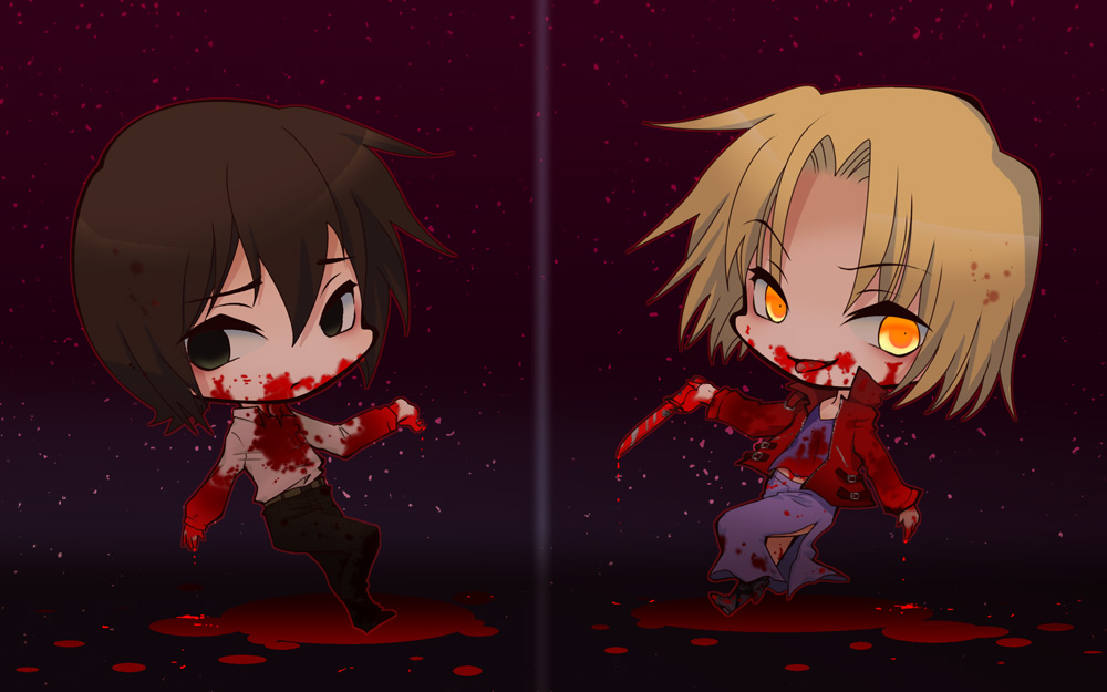 1girl, blonde_hair, blood, blood_stain, brown_hair, chibi, dual_persona, jacket
