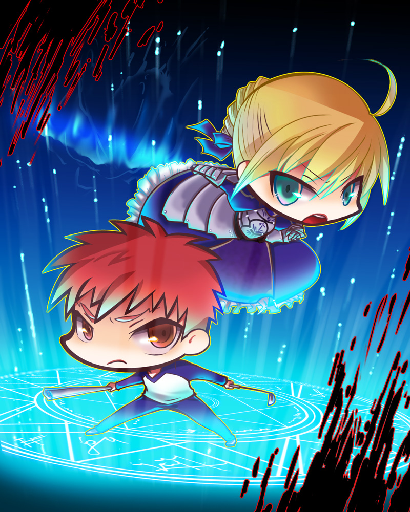 1boy, 1girl, ahoge, aqua_eyes, artoria_pendragon_(fate), blonde_hair, brown_eyes, chibi