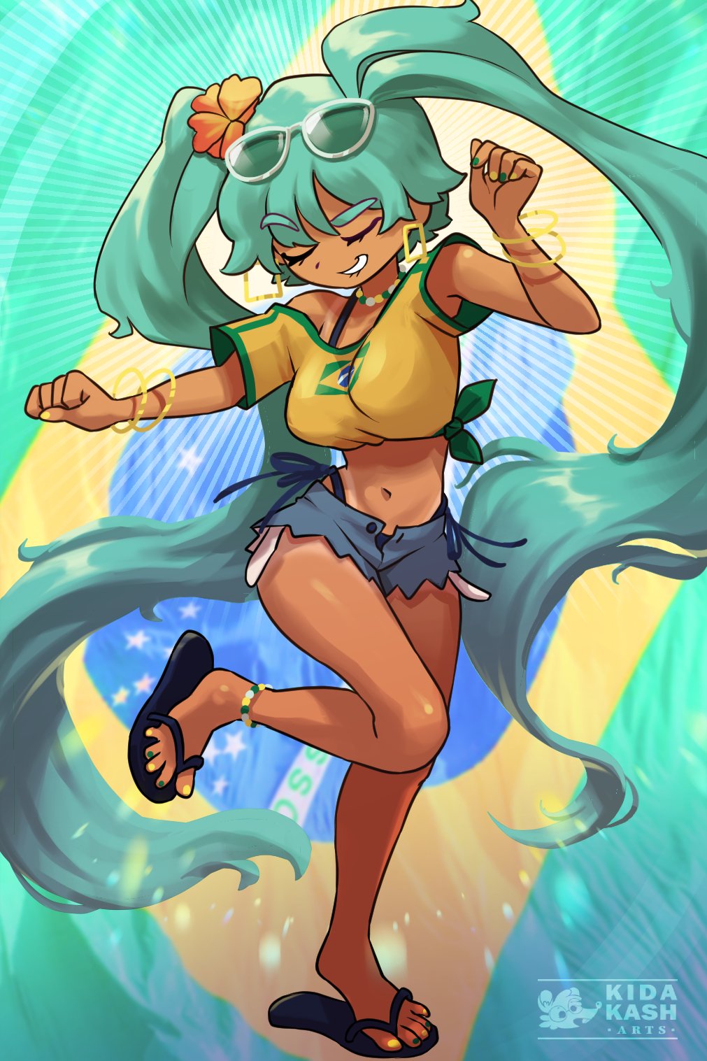 1girl, alternate_breast_size_(larger), aqua_hair, bead_choker, beads, bikini, bikini_under_clothes, borrowed_design