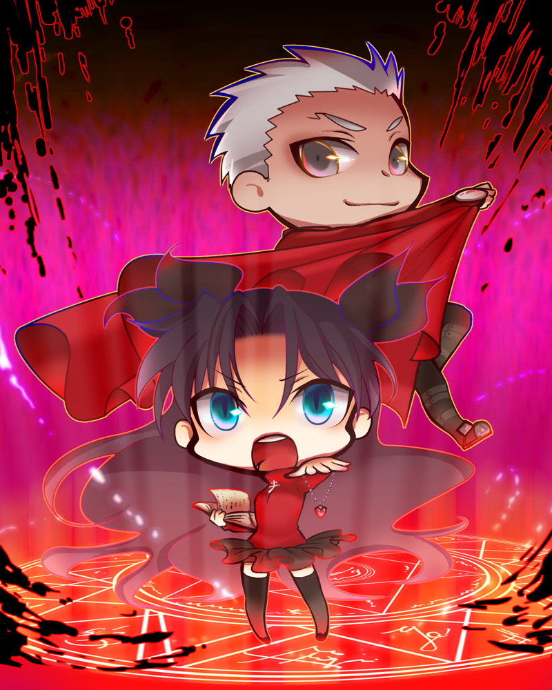 1boy, 1girl, archer_(fate), black_hair, black_thighhighs, blue_hair, chibi, fate/stay_night