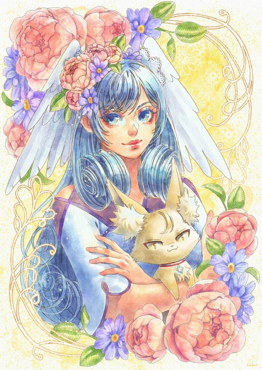 1girl, animalization, blue_eyes, blue_hair, border, cat, closed_mouth, colored_eyelashes