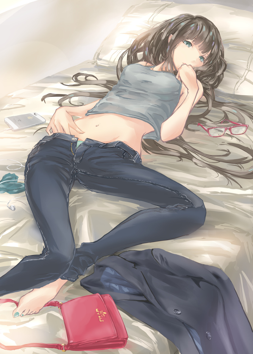 1girl, aqua_panties, bag, barefoot, black_jacket, black_pants, brown_hair, buttons
