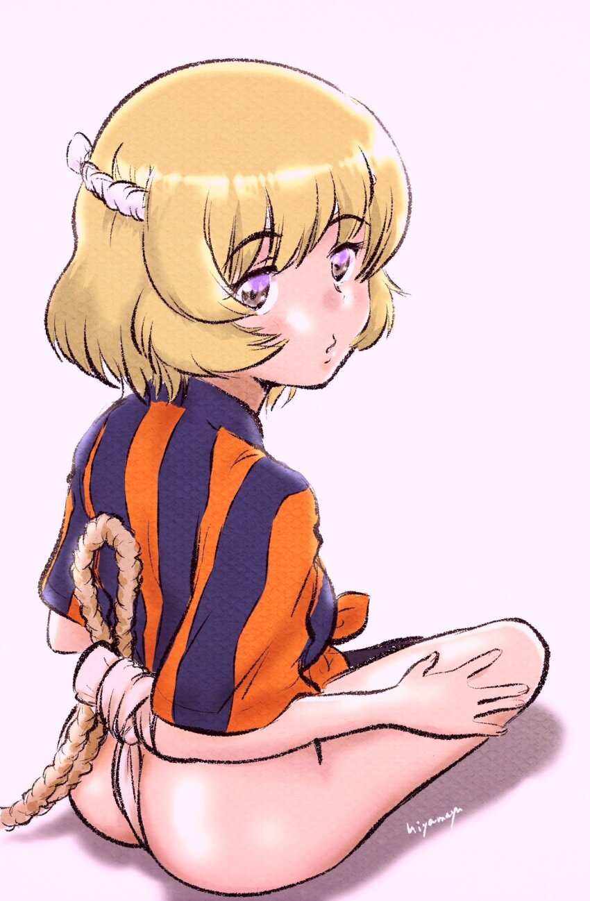 1girl, absurdres, ass, blonde_hair, blush, brown_eyes, chuuritsu_school_uniform, fundoshi