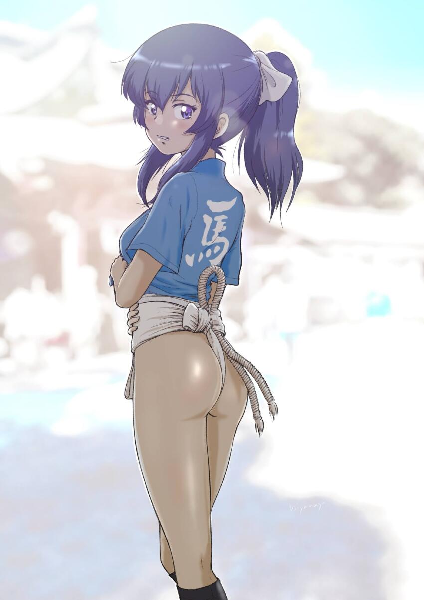 1girl, ass, blue_eyes, blue_hair, blush, breasts, clenched_teeth, eclair_(girls_und_panzer)