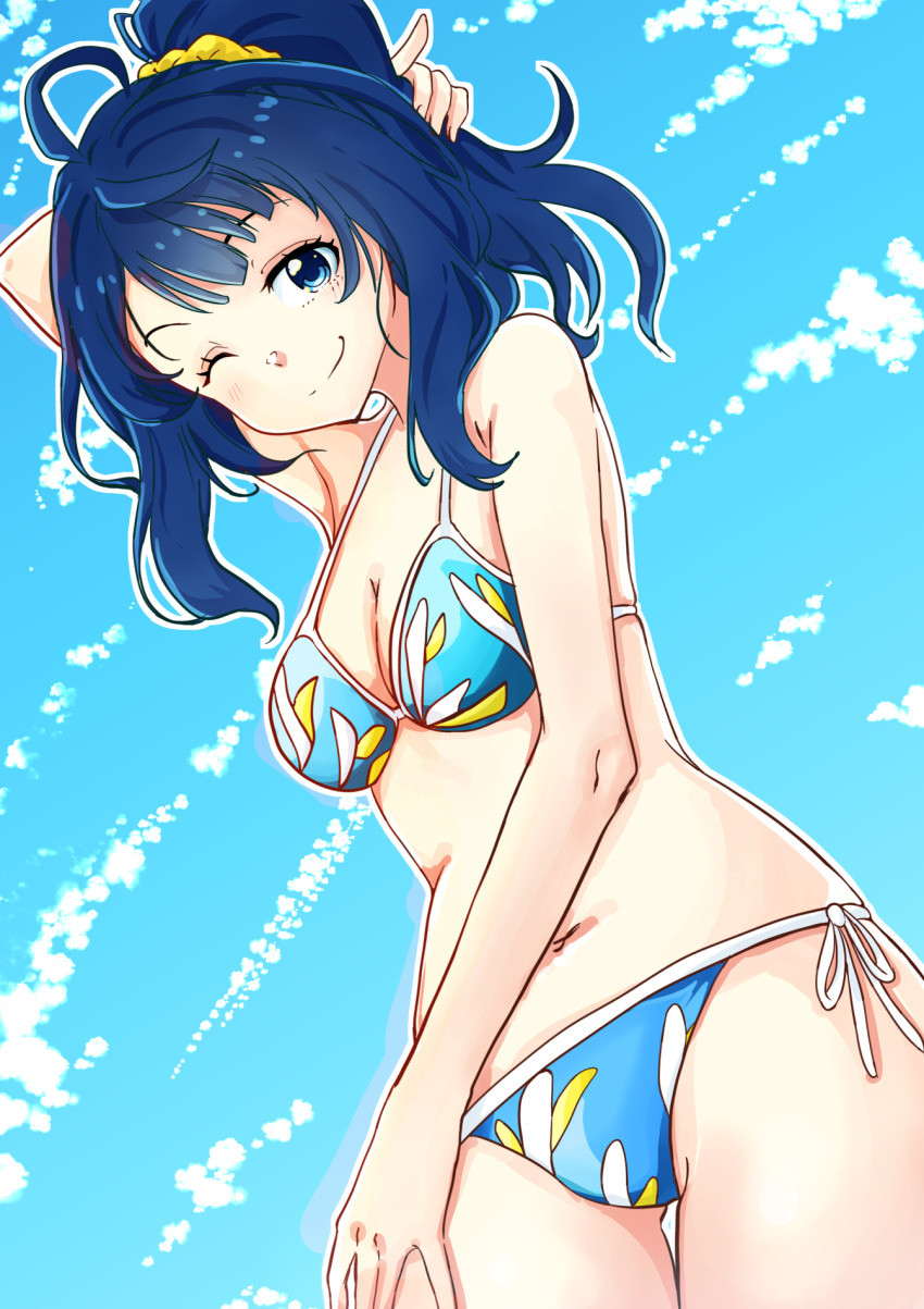 1girl, adjusting_hair, ahoge, arm_behind_head, arm_up, armpits, bikini, blue_bikini