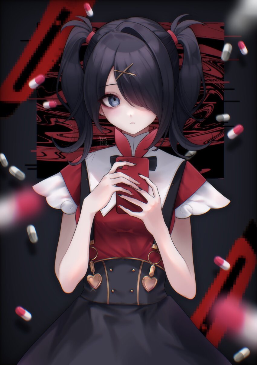 1girl, ame-chan_(needy_girl_overdose), black_eyes, black_hair, black_skirt, boxcutter, cellphone, closed_mouth