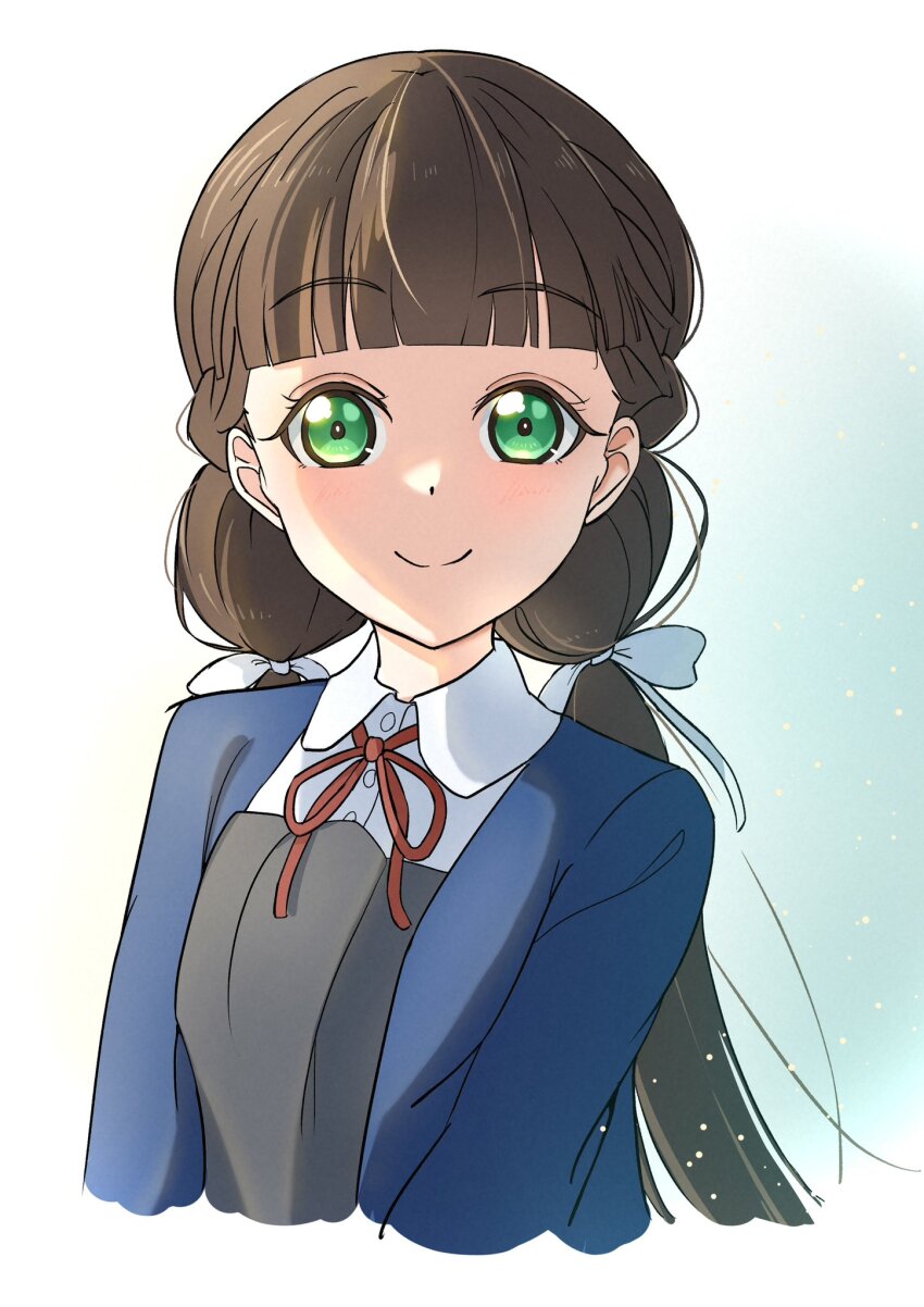 1girl, aqua_background, backlighting, blazer, blue_jacket, blunt_bangs, braid, brown_hair