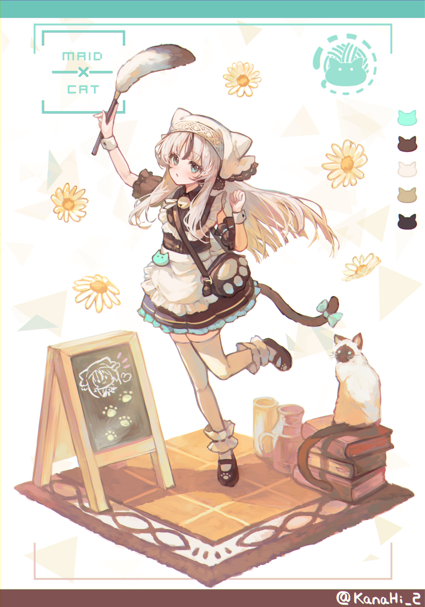 1girl, absurdres, apron, aqua_eyes, arm_cuffs, bag, black_dress, black_footwear