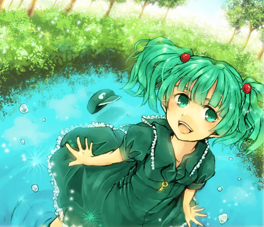 1girl, blue_dress, blue_eyes, blue_hair, blue_hat, blunt_bangs, blush, breasts