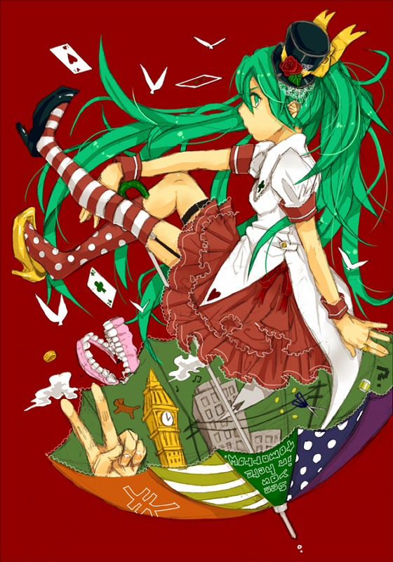 1girl, ?, ace_(playing_card), ace_of_clubs, ace_of_hearts, asymmetrical_footwear, babylon_(vocaloid), bird