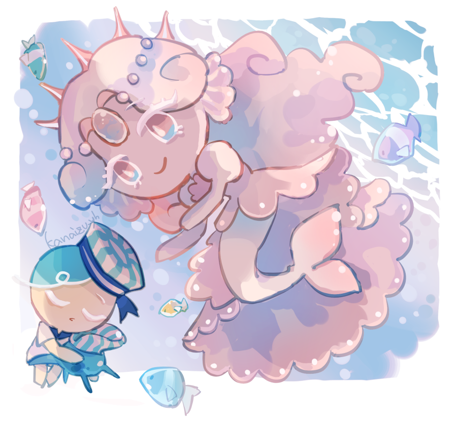 1girl, 1other, black_pearl_cookie, blue_hair, border, chibi, chibi_only, commentary_request, cookie_run, cookie_run:_kingdom, crown, dress, fish, full_body, gem, hat, kanaizu_yh, long_hair, mermaid, monster_girl, official_style, pearl_(gemstone), peppermint_cookie, short_hair, signature, sleeping, smile, very_long_hair, water, white_border, white_pearl_cookie