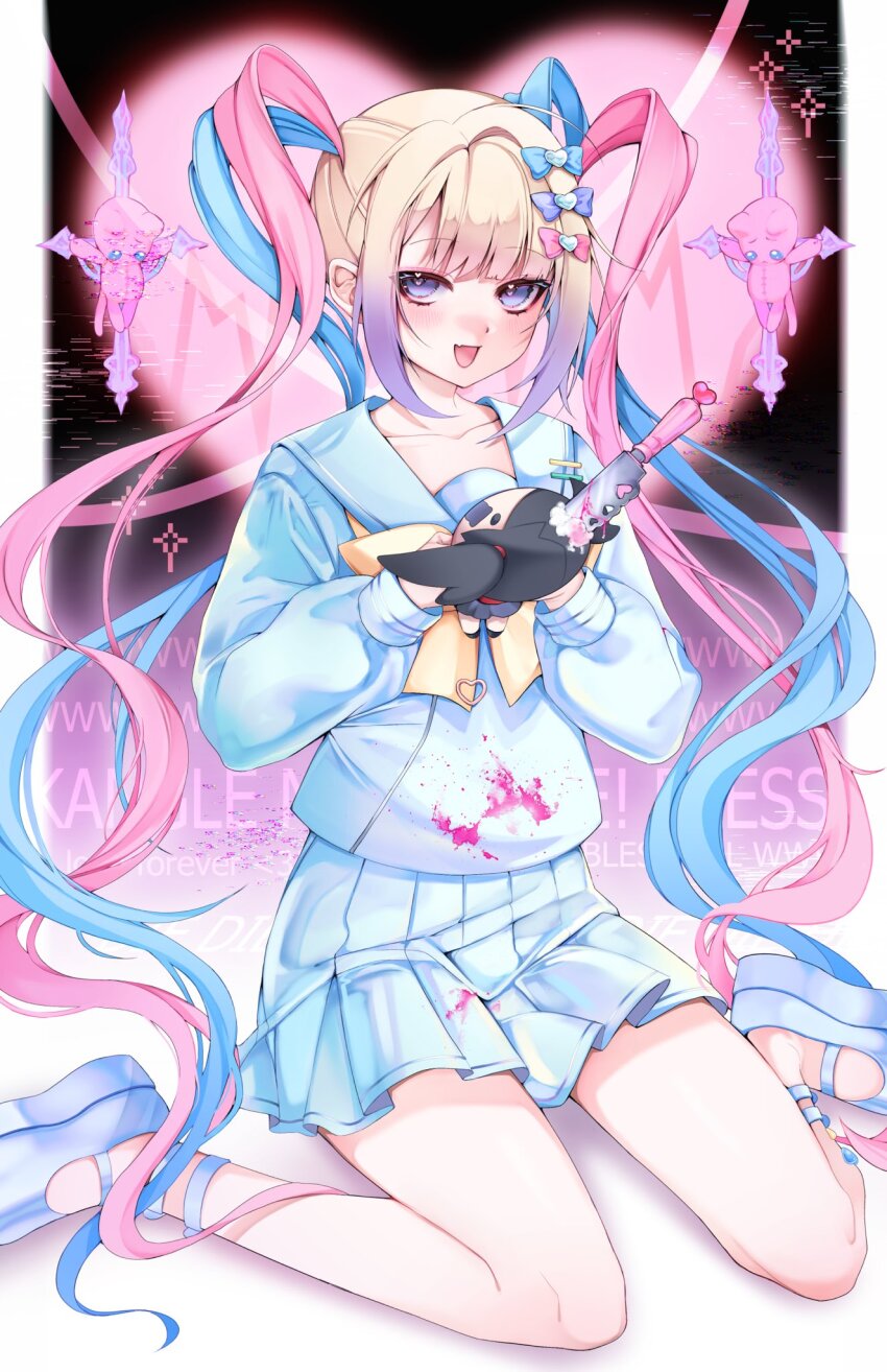 1girl, :d, ame-chan_(needy_girl_overdose), blonde_hair, blood, blood_on_clothes, blue_bow, blue_eyes