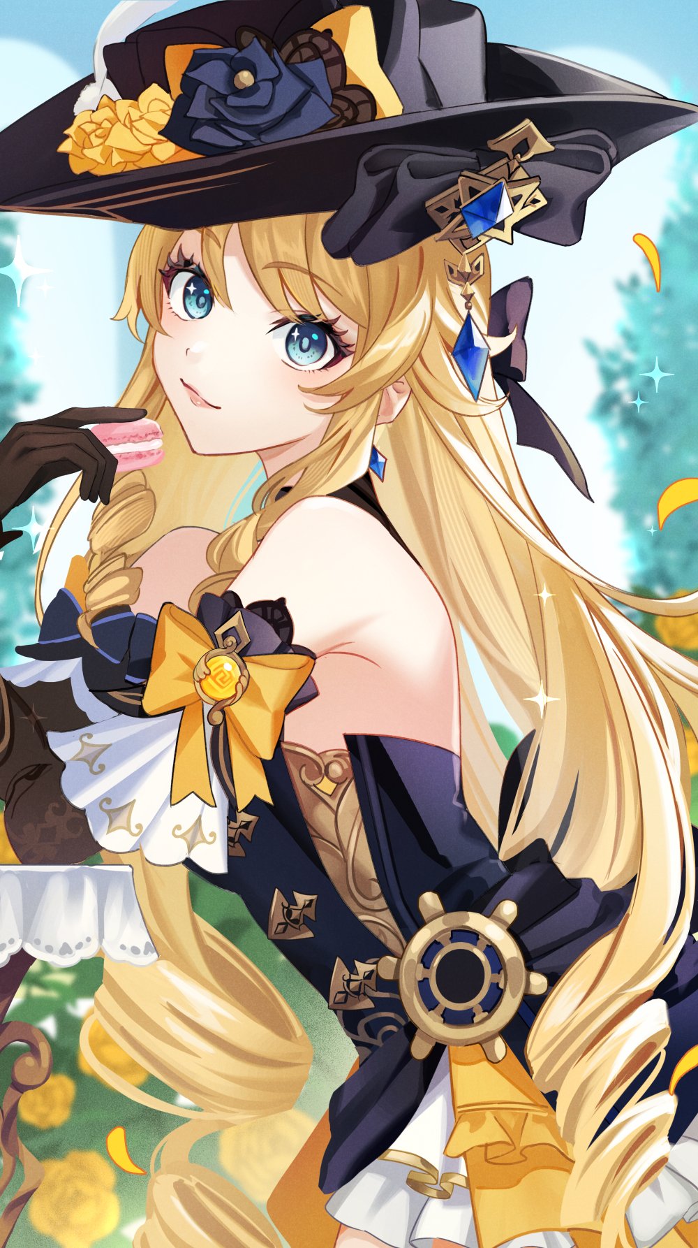 1girl, bare_shoulders, black_bow, black_dress, black_flower, black_hat, blonde_hair, blue_eyes