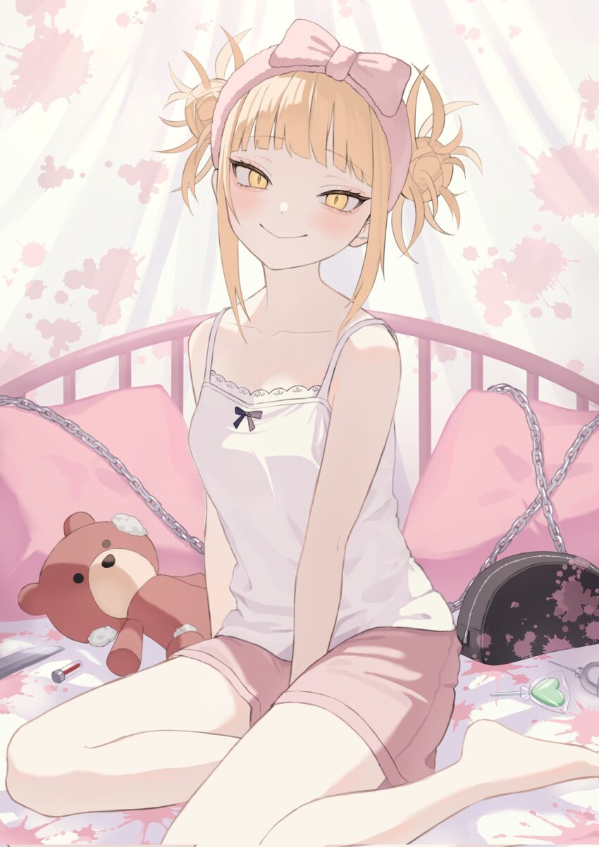 1girl, bed, blonde_hair, blood, boku_no_hero_academia, camisole, candy, chain