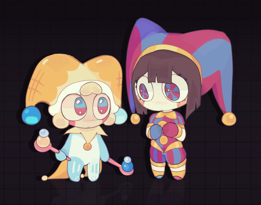 2girls, blonde_hair, blush_stickers, brown_hair, cape, chibi, chibi_only, commentary, cookie_run, cookie_run:_ovenbreak, crossover, english_commentary, eye_contact, gloves, grid_background, hat, highres, holding, ice_juggler_cookie, jester, jester_cap, kennicrispy, looking_at_another, multicolored_eyes, multiple_girls, pomni_(the_amazing_digital_circus), shoes, short_hair, the_amazing_digital_circus, trait_connection, yellow_cape