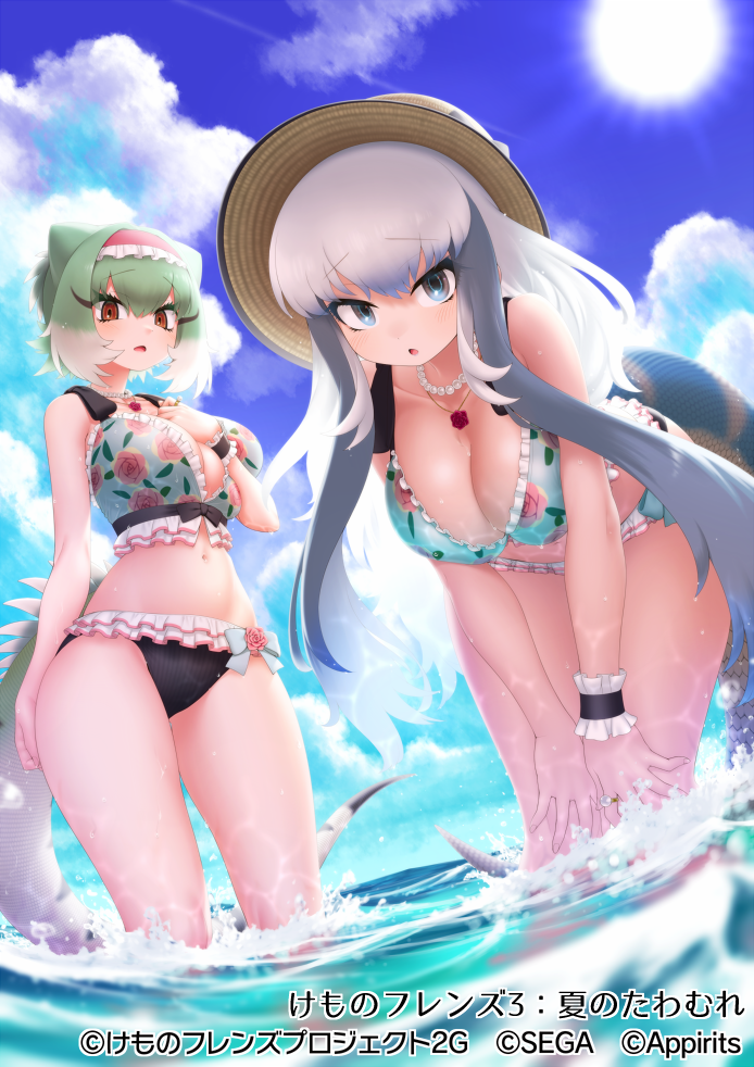 2girls, alternate_breast_size_(larger), arm_at_side, backlighting, bent_over, bikini, black_eyes, black_hair