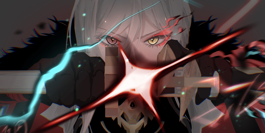 1girl, absurdres, alpha:_crimson_weave_(pgr), alpha:_crimson_weave_(tsubaki)_(pgr), alpha_(pgr), asymmetrical_bangs, diee0312, flaming_eye, fur_collar, grey_hair, heterochromia, highres, holding, holding_sword, holding_weapon, katana, lpha:_crimson_weave_(tsubaki)_(pgr), orange_eyes, punishing:_gray_raven, solo, sword, unsheathed, weapon, yellow_eyes