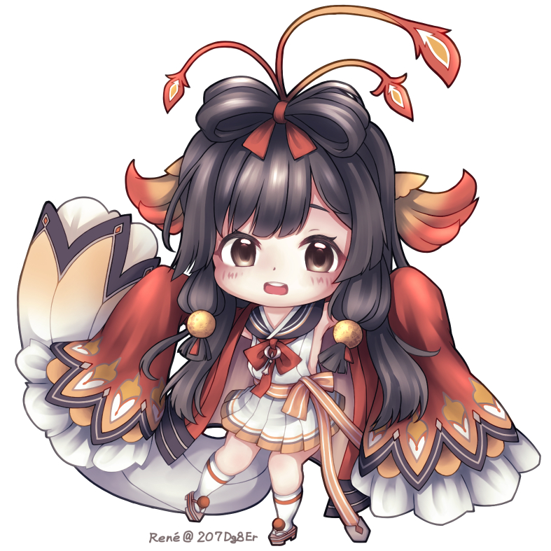 1girl, 2o7dg8er, azur_lane, black_hair, black_sailor_collar, brown_eyes, chibi, hands_up