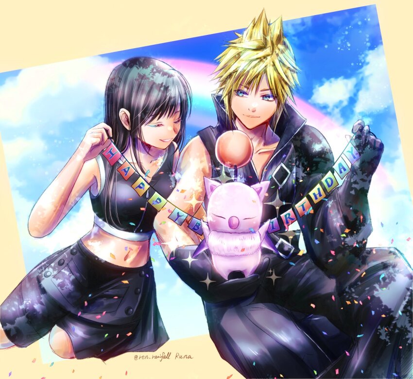 1boy, 1girl, apron, bare_shoulders, birthday, black_apron, black_gloves, black_hair