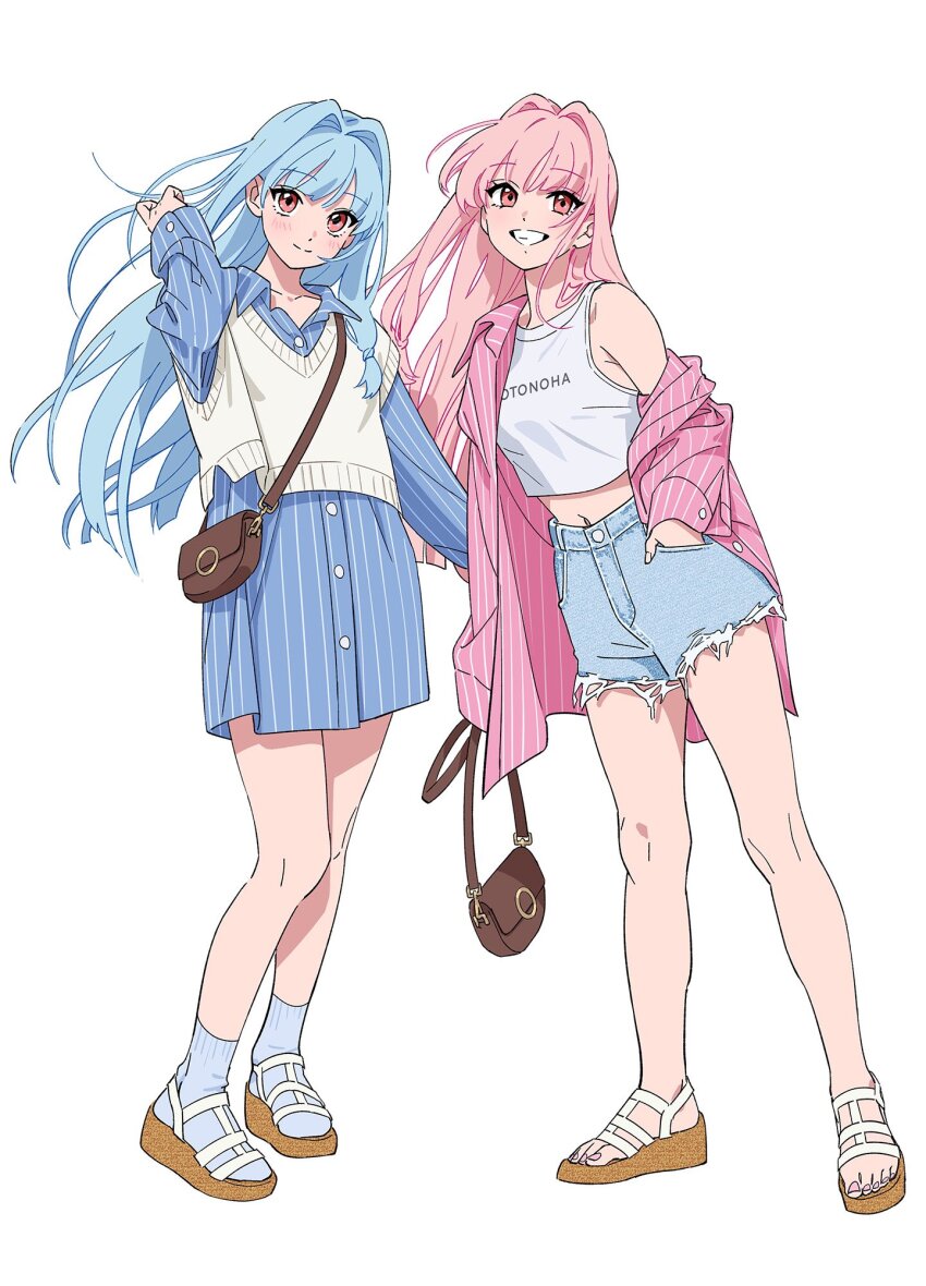 2girls, bag, blue_hair, blush, crop_top, denim, denim_shorts, full_body