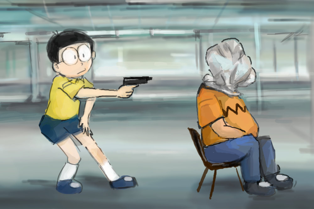 2boys, aiming, bag_over_head, blue_pants, chair, commentary_request, doraemon, glasses, gouda_takeshi, gun, handgun, mochizuki_tagosaku, multiple_boys, nobi_nobita, orange_shirt, pants, parody, photo-referenced, shirt, sitting, this_is_america, weapon, yellow_shirt