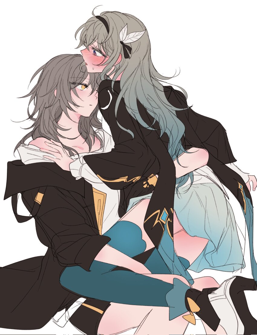2girls, black_footwear, black_gloves, black_hairband, black_jacket, black_shorts, blue_hair, blue_skirt, blue_thighhighs, blush, commentary, firefly_(honkai:_star_rail), gloves, gradient_hair, grey_hair, hairband, hand_on_another's_waist, hashtag-only_commentary, highres, hand_on_own_arm, honkai:_star_rail, honkai_(series), jacket, long_hair, looking_at_another, multicolored_hair, multiple_girls, parted_lips, purple_eyes, rndcod, shirt, shorts, simple_background, single_bare_shoulder, sitting, sitting_on_lap, sitting_on_person, skirt, stelle_(honkai:_star_rail), sweatdrop, thighhighs, trailblazer_(honkai:_star_rail), white_background, white_shirt, yellow_eyes, yuri