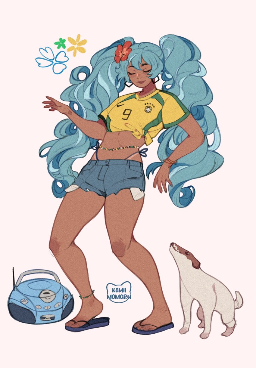 1girl, aqua_eyes, aqua_hair, bikini, bikini_under_clothes, bracelet, brazil_dog_dance_(meme), brazilian_flag, brazilian_miku, dog, earrings, eyewear_on_head, flip-flops, flower, hair_flower, hair_ornament, hatsune_miku, highres, jewelry, kamii_momoru, long_hair, meme, navel, sandals, shirt, short_shorts, shorts, solo, sunglasses, swimsuit, tan, tanline, twintails, vocaloid