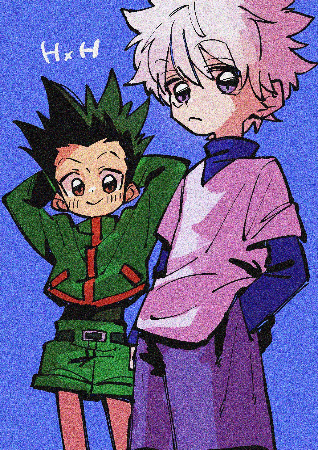 2boys, :<, blue_eyes, blue_shorts, blue_sweater, blush, brown_eyes, closed_mouth