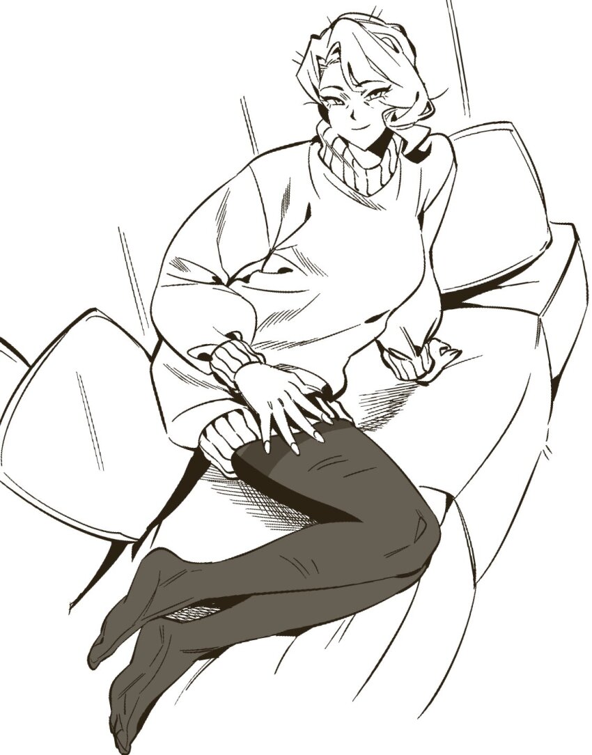 1girl, brown_theme, closed_mouth, couch, fingernails, hermann_(project_moon), highres, limbus_company