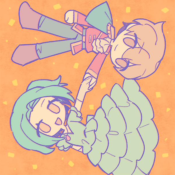 1boy, 1girl, ascot, belt, belt_buckle, blonde_hair, blue_belt, blue_cape