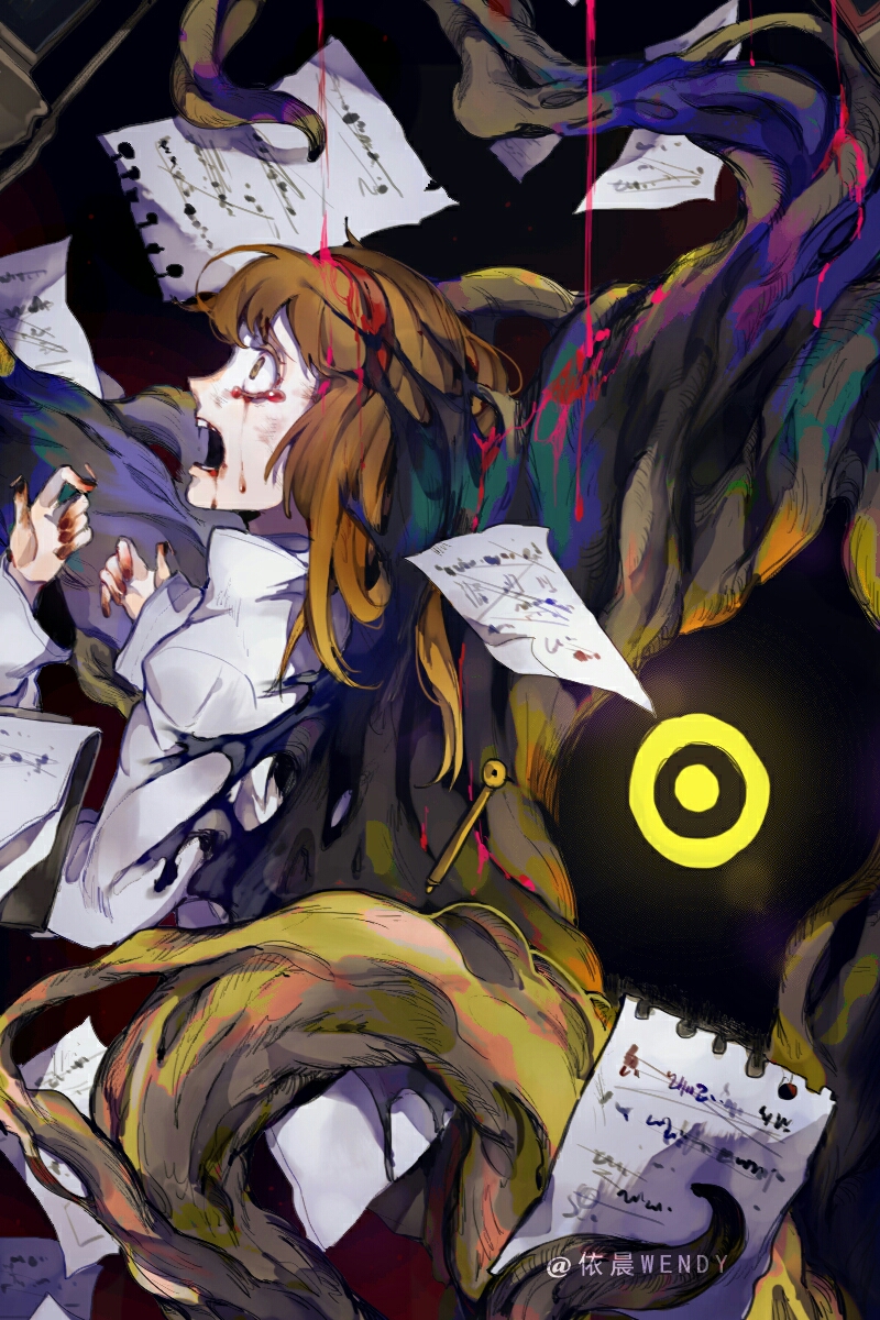 1girl, artist_name, black_background, blood, blood_drip, blood_from_mouth, bloody_tears, brown_eyes