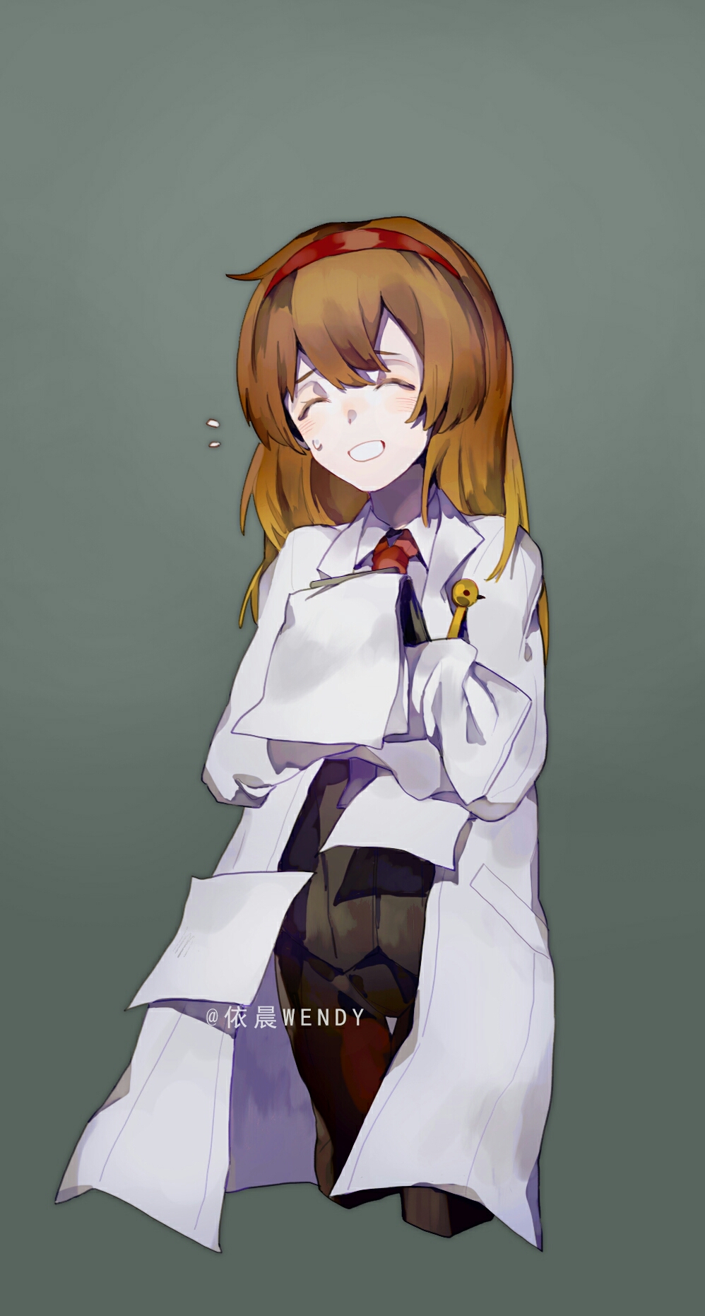 1girl, ^_^, artist_name, black_pants, black_vest, blonde_hair, brown_hair, chinese_commentary