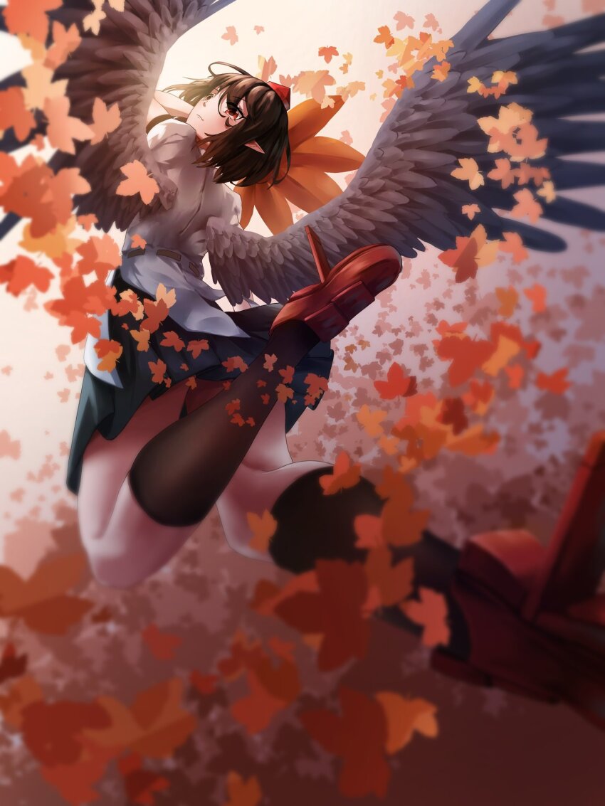 1girl, autumn_leaves, bai_huashu, belt, bird_wings, black_belt, black_skirt, black_socks
