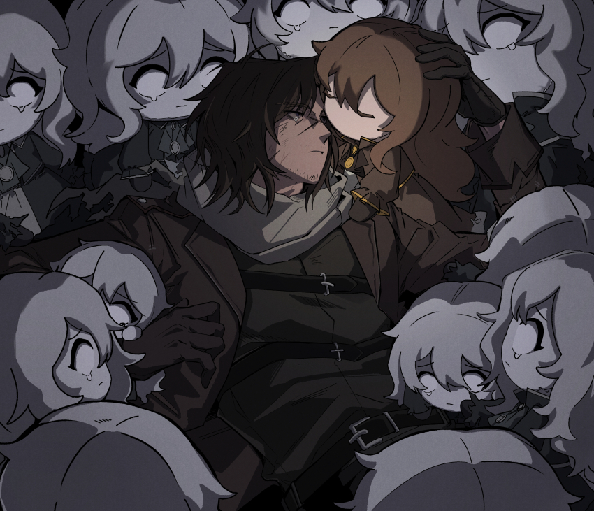 1boy, 6+girls, ascot, belt, brown_ascot, brown_belt, brown_coat, brown_gloves