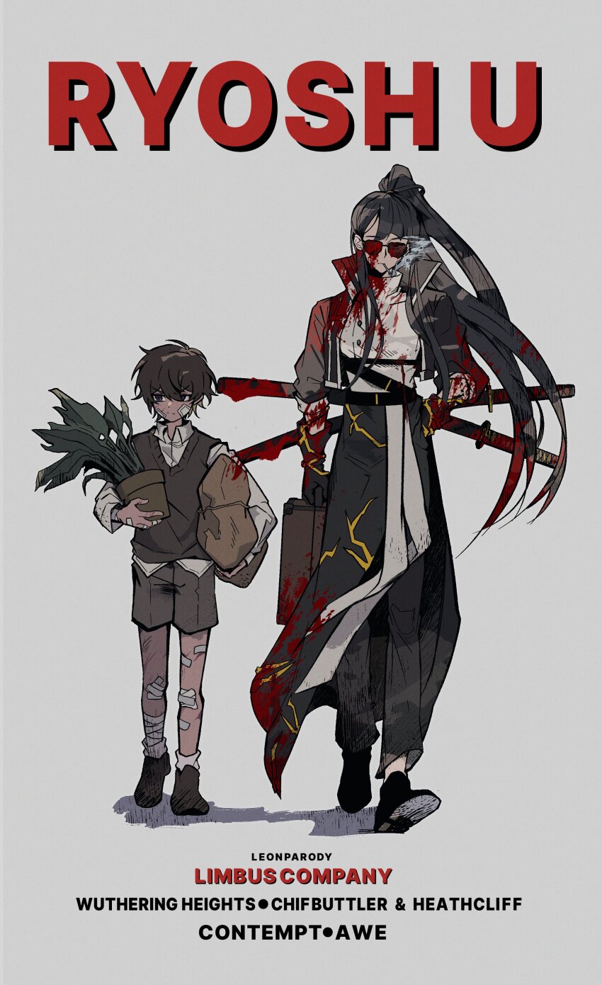 1boy, 1girl, absurdres, bandaid, bandaid_on_knee, bandaid_on_leg, black_coat, black_pants