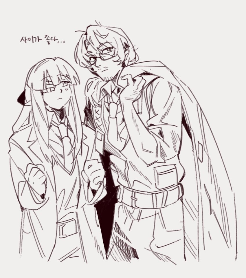 1boy, 1girl, alternate_universe, bow, coat, collared_shirt, cowboy_shot, gauze