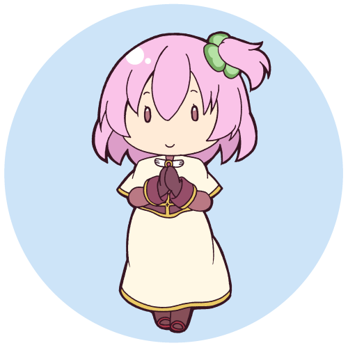 1girl, acolyte_(ragnarok_online), acolyte_(ragnarok_online)_(cosplay), assault_lily, blue_background, brown_gloves, brown_pantyhose, brown_shirt, brown_shoes, capelet, chibi, closed_mouth, clover_hair_ornament, commentary_request, cosplay, four-leaf_clover_hair_ornament, full_body, gloves, hair_between_eyes, hair_ornament, hands_up, high-waist_skirt, hitotsuyanagi_riri, long_sleeves, looking_at_viewer, lowres, masaki_itsuki, no_pupils, one_side_up, own_hands_together, palms_together, pantyhose, pink_eyes, pink_hair, ragnarok_online, round_border, shirt, shoes, short_hair, simple_background, skirt, smile, solo, standing, transparent_background, white_capelet, white_skirt