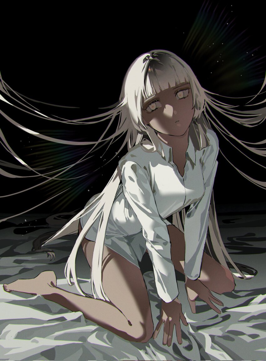 1girl, bottomless, charon_(project_moon), collared_shirt, dark-skinned_female, dark_skin, full_body, glowing, glowing_hair, highres, kneeling, lapis_(project_moon), leviathan_(project_moon), limbus_company, long_hair, long_sleeves, project_moon, shirt, solo, very_long_hair, white_eyes, white_hair, white_shirt, yongsadragon